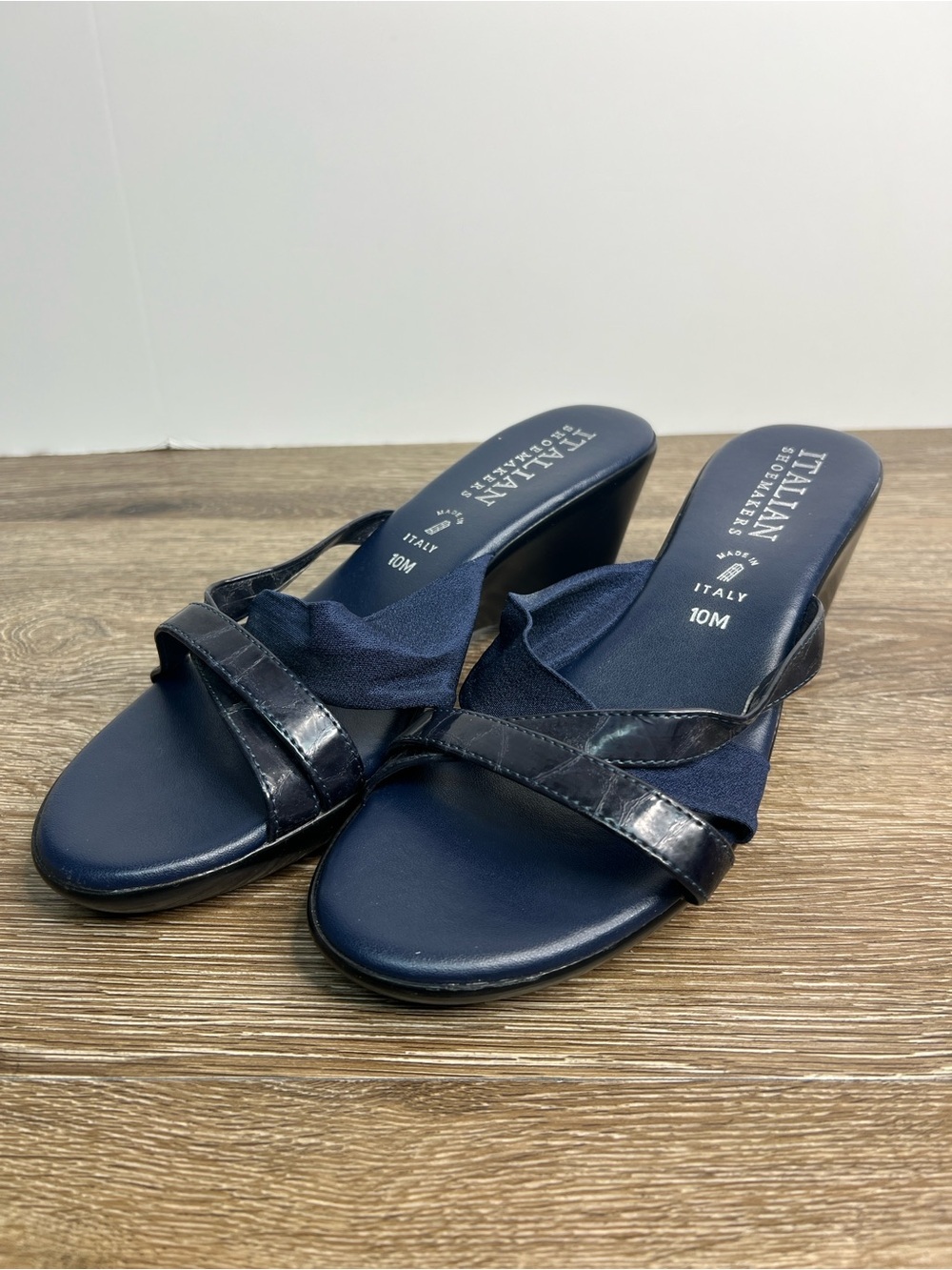 Italian Shoemakers Navy Stretch Wedge Slide Sandals Size 10M Made in Italy
